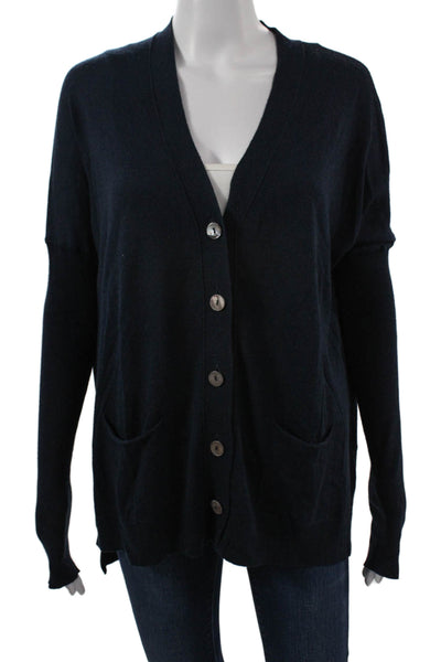 Kokun Unisex Navy Bamboo Cashmere V-Neck Button Cardigan Long Sleeve Size 36