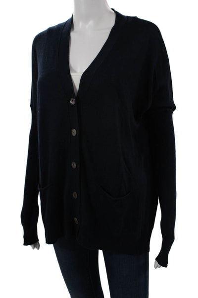 Kokun Unisex Navy Bamboo Cashmere V-Neck Button Cardigan Long Sleeve Size 36