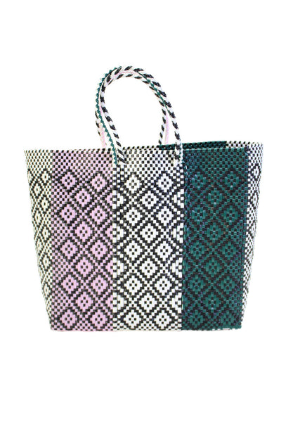 Truss Womens Double Handle Open Top Woven PVC Tote Handbag White Green Black