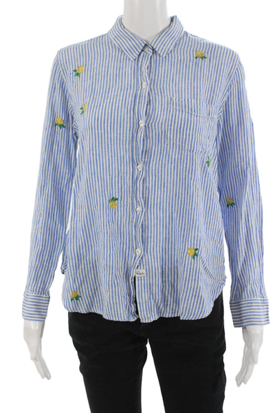 Rails Women Collared Striped Floral Button-Up Long Sleeve Blue Size M