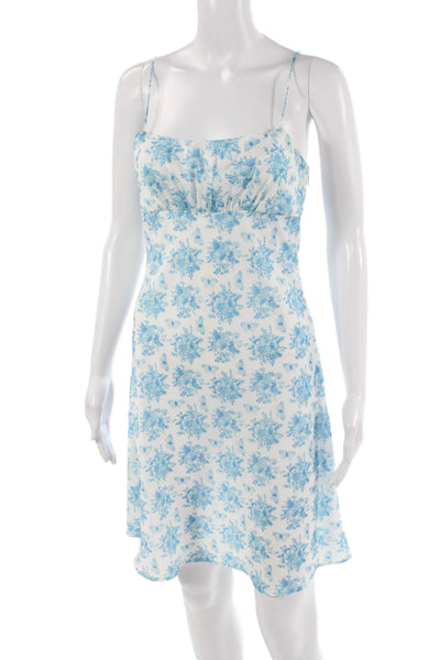 Aqua Womens Slip Dress Light Blue Floral Square Neck Hook & Eye Mini Size S