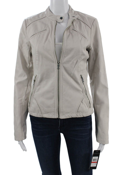 GUESS Women Motorcycle Jacket Beige Polyurethane Button High Neck Size XS