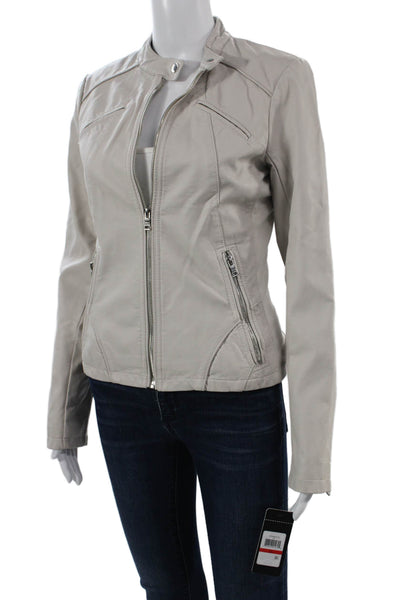 GUESS Women Motorcycle Jacket Beige Polyurethane Button High Neck Size XS
