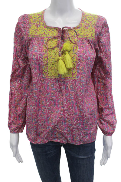 J Crew Women Tunic Blouse Pink Paisley Round Neck Long Sleeve Cotton Size XS