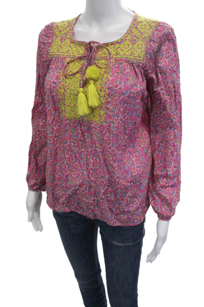 J Crew Women Tunic Blouse Pink Paisley Round Neck Long Sleeve Cotton Size XS