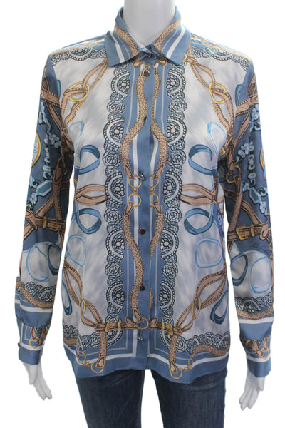 D. Exterior Women Blue Collared Long Sleeve Button-Up Top Size S