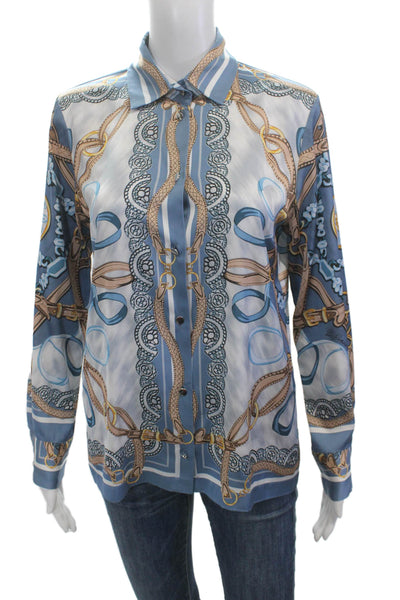 D. Exterior Women Blue Collared Long Sleeve Button-Up Top Size S