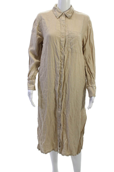 The Drop Women Shirt Dress Beige Linen Collared Long Sleeve Midi Size M