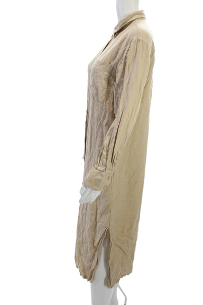 The Drop Women Shirt Dress Beige Linen Collared Long Sleeve Midi Size M