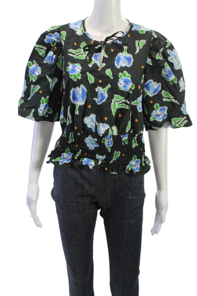 Baum Und Pferdgarten Women Black Floral Tie Neck Short Sleeve Blouse Size 38