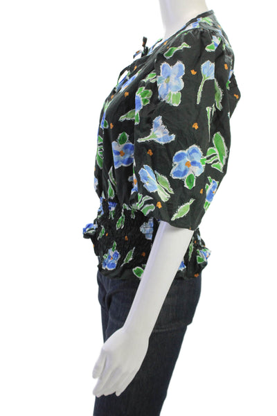 Baum Und Pferdgarten Women Black Floral Tie Neck Short Sleeve Blouse Size 38