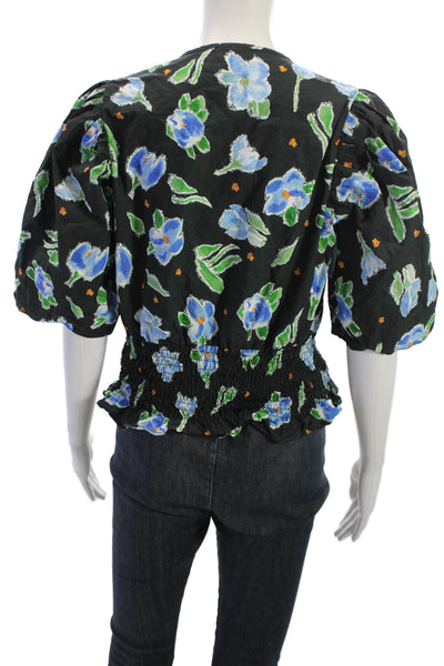 Baum Und Pferdgarten Women Black Floral Tie Neck Short Sleeve Blouse Size 38
