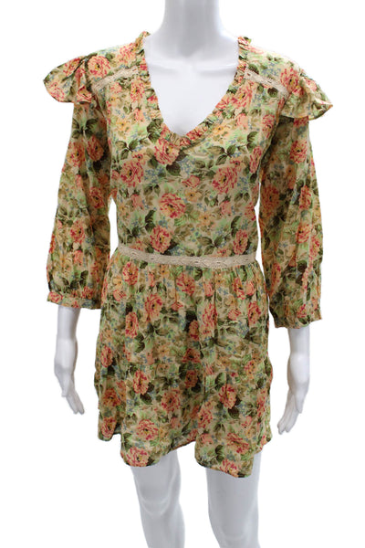 Zara Women Beige Floral Bohemian V Neck 3/4 Sleeve Mini Sundress Size S