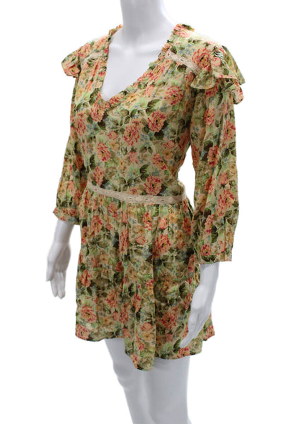 Zara Women Beige Floral Bohemian V Neck 3/4 Sleeve Mini Sundress Size S