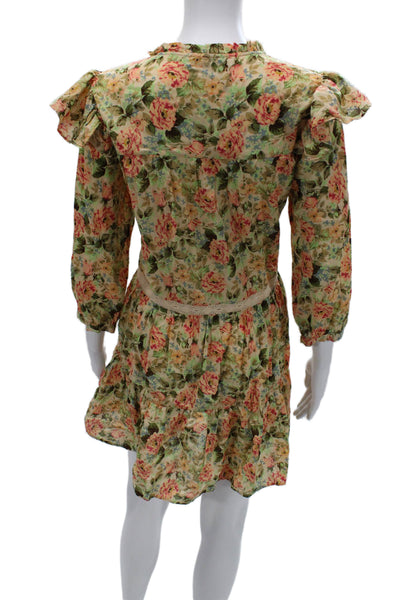 Zara Women Beige Floral Bohemian V Neck 3/4 Sleeve Mini Sundress Size S
