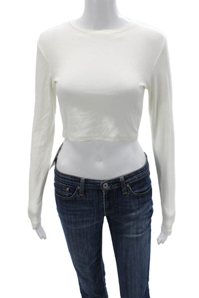 Zara Women Cropped Long Sleeve Cotton Crew Neck T-Shirt White Size L