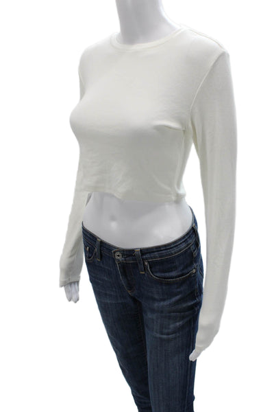 Zara Women Cropped Long Sleeve Cotton Crew Neck T-Shirt White Size L