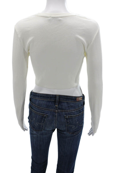 Zara Women Cropped Long Sleeve Cotton Crew Neck T-Shirt White Size L