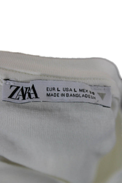 Zara Women Cropped Long Sleeve Cotton Crew Neck T-Shirt White Size L