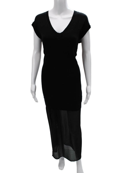 Marciano Womens Maxi Sweater Dress Black V Neck Short Sleeve Wool Silk Size S