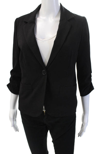 Eliza J Women Black V-Neck Blazer 3/4 Sleeve Button Front Poly Blend Size XS