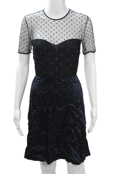 Pamela Dennis Women Silk Dark Blue Knee-Length Dress Short-Sleeve Size 4