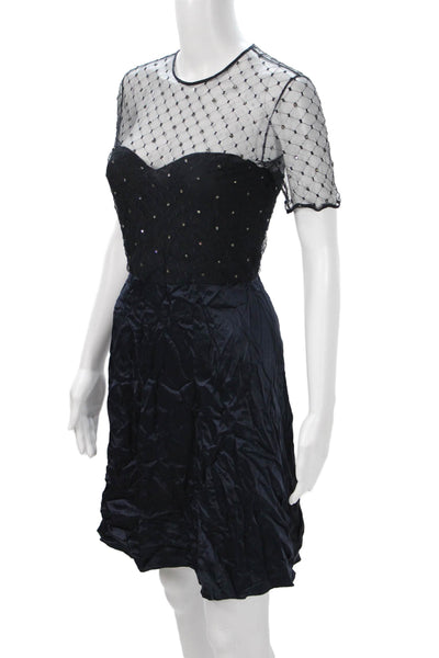 Pamela Dennis Women Silk Dark Blue Knee-Length Dress Short-Sleeve Size 4