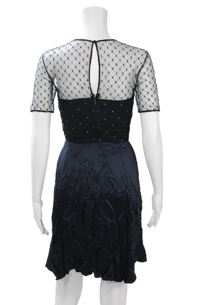 Pamela Dennis Women Silk Dark Blue Knee-Length Dress Short-Sleeve Size 4