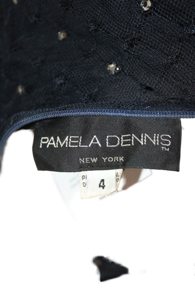 Pamela Dennis Women Silk Dark Blue Knee-Length Dress Short-Sleeve Size 4