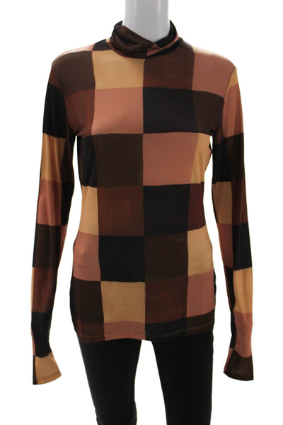 ALC Womens Basic Mock Neck Check Long Sleeve Top Beige Size M