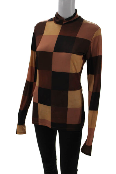 ALC Womens Basic Mock Neck Check Long Sleeve Top Beige Size M