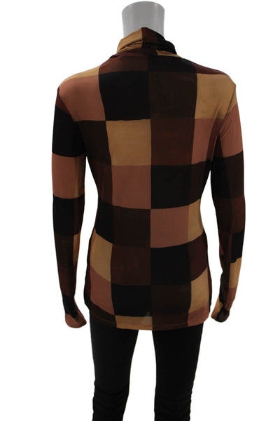 ALC Womens Basic Mock Neck Check Long Sleeve Top Beige Size M