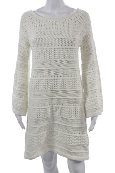 Zara Women Sweater Dress White Cotton Long Sleeve Round Neck Bohemian Size L