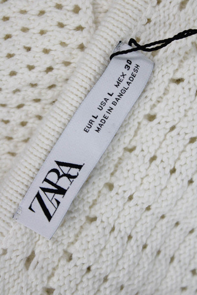Zara Women Sweater Dress White Cotton Long Sleeve Round Neck Bohemian Size L