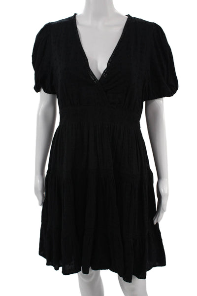 Zara Women Fit & Flare Mini Black V-Neck Short Sleeve Cotton Dress Size XL