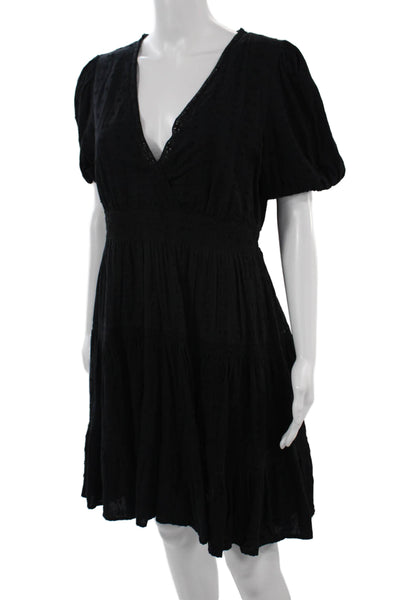 Zara Women Fit & Flare Mini Black V-Neck Short Sleeve Cotton Dress Size XL