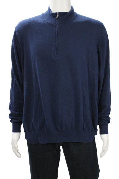 Faherty Mens Dark Blue Mock Neck Zip Pullover Sweater Cotton Coolmax Size 2XL