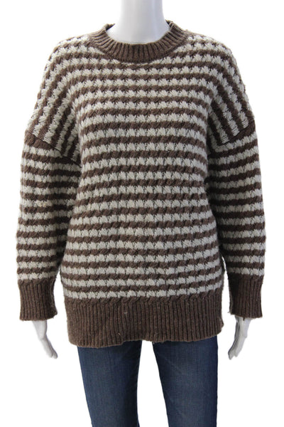 Zara Unisex Brown Striped Crew Neck Pullover Sweater 67% Nylon 33% Wool Size S