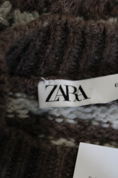 Zara Unisex Brown Striped Crew Neck Pullover Sweater 67% Nylon 33% Wool Size S