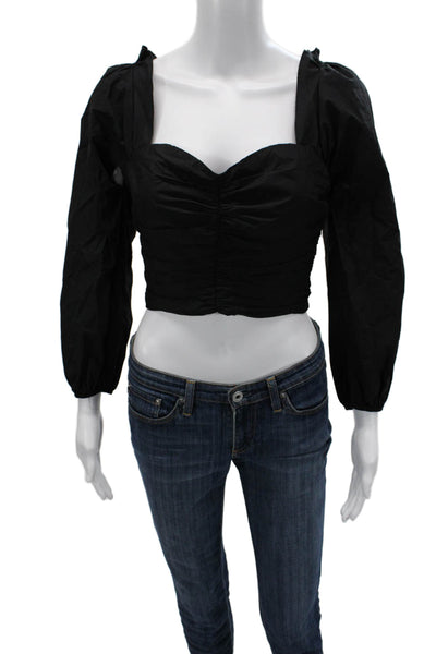 Lovers+Friends Women Crop Long Sleeve Blouse Black Square Neck Hook&Eye Size S