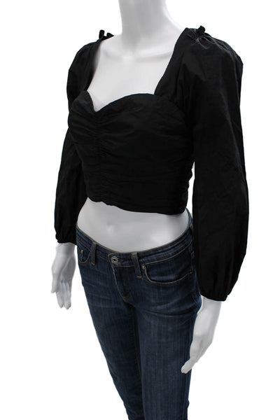 Lovers+Friends Women Crop Long Sleeve Blouse Black Square Neck Hook&Eye Size S