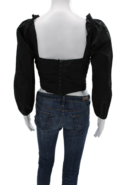 Lovers+Friends Women Crop Long Sleeve Blouse Black Square Neck Hook&Eye Size S