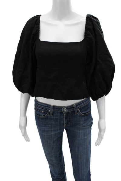 LPA Women Cropped Blouse Black Linen Square Neck 3/4 Sleeve Size S