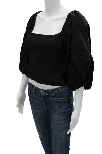 LPA Women Cropped Blouse Black Linen Square Neck 3/4 Sleeve Size S