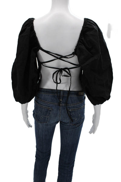 LPA Women Cropped Blouse Black Linen Square Neck 3/4 Sleeve Size S
