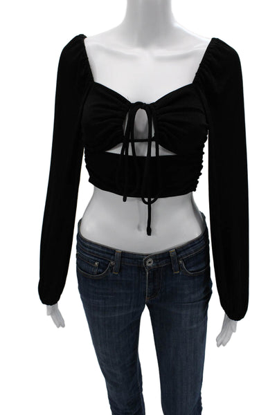Gab kate Women Cropped Black Square Neck Long Sleeve Top Drawstring Size S