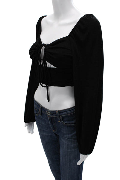 Gab kate Women Cropped Black Square Neck Long Sleeve Top Drawstring Size S