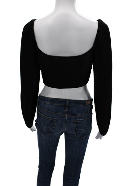 Gab kate Women Cropped Black Square Neck Long Sleeve Top Drawstring Size S