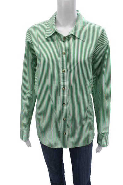 Elan Women Basic Striped Green Collared Long Sleeve Button-Up Top Size S
