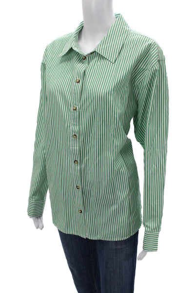 Elan Women Basic Striped Green Collared Long Sleeve Button-Up Top Size S